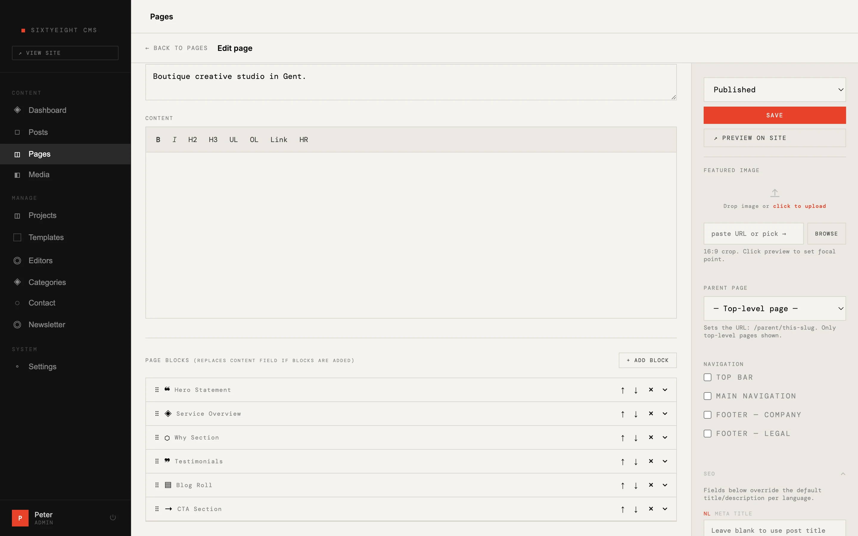 Blokbouwer van het sixtyeight CMS — pagina's visueel samenstellen
